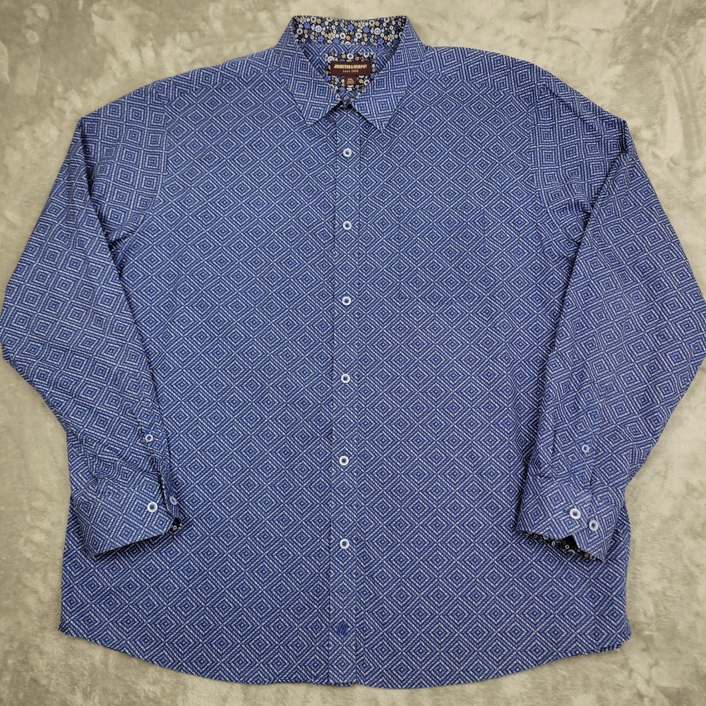 Johnston & Murphy Men's 2XL Shirt Blue Geometric Flip‎ Cuff Long Sleeve Cotton